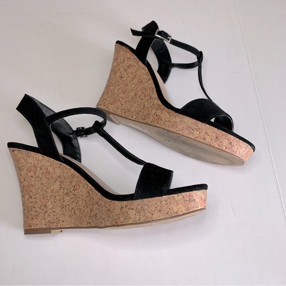 Style CHARLES Black Suede Cork Wedge Sandal Sz 7 - Picture 6 of 12